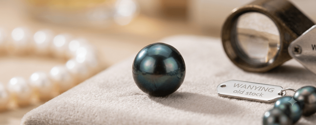 High luster dyed black cultured freshwater pearls from Beihai Wanying old stock featuring authentic peacock overtones for jewelry designers