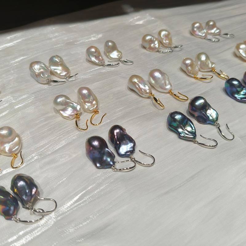 AAA white and black baroque pearl drop earrings with sterling silver hooks