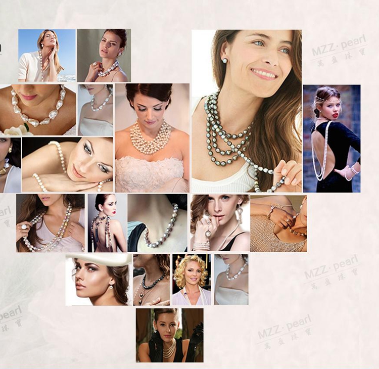 Trending freshwater pearl jewelry styles for wholesale, including baroque pearl necklaces, multi-strand chokers, and dark pearl strands worn by models.