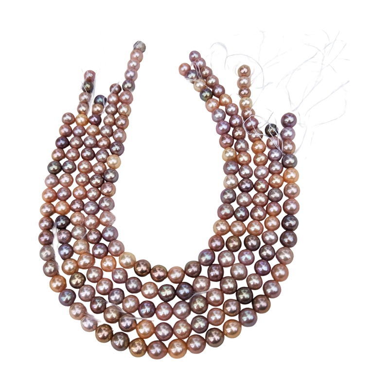 Factory direct wholesale supply of multi-color round freshwater pearl strands in metallic purple, peach, and bronze overtones for jewelry manufacturers.