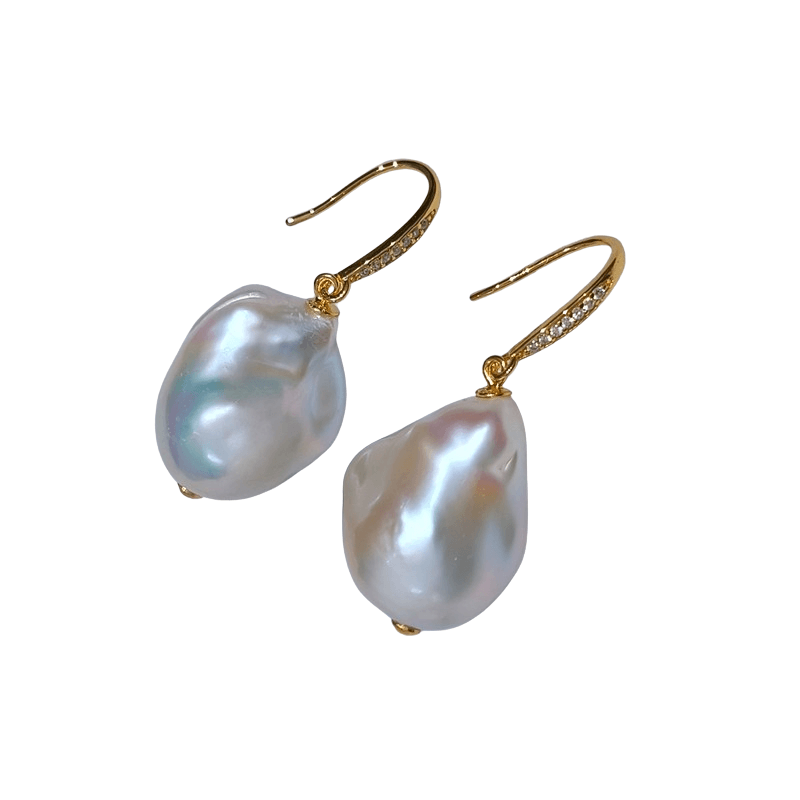 Bulk premium baroque pearl earrings featuring CZ pavé S925 gold-plated French hooks, ready-to-retail finished jewelry for online boutiques and brands.