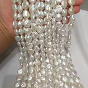 Wholesale 14-15mm white coin shaped freshwater cultured pearl loose strands for contemporary jewelry design.